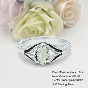 Two Tone Split Shank 1.21 Carat Natural Green Amethyst Bridal Band Women Wedding Engagement oval Shape Ring 925 Sterling Silver 10mm