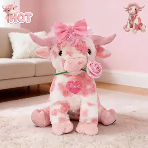 13.8" Pink & White Spotted Highland Cow Stuffed Animal - Cute Fluffy Plush Toy for Valentine's Day, Birthday, Anniversary Gift for Girlfriend, Boyfriend, Best Friend & Kids
