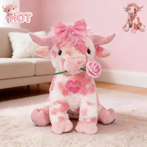13.8" Pink & White Spotted Highland Cow Stuffed Animal - Cute Fluffy Plush Toy for Valentine's Day, Birthday, Anniversary Gift for Girlfriend, Boyfriend, Best Friend & Kids