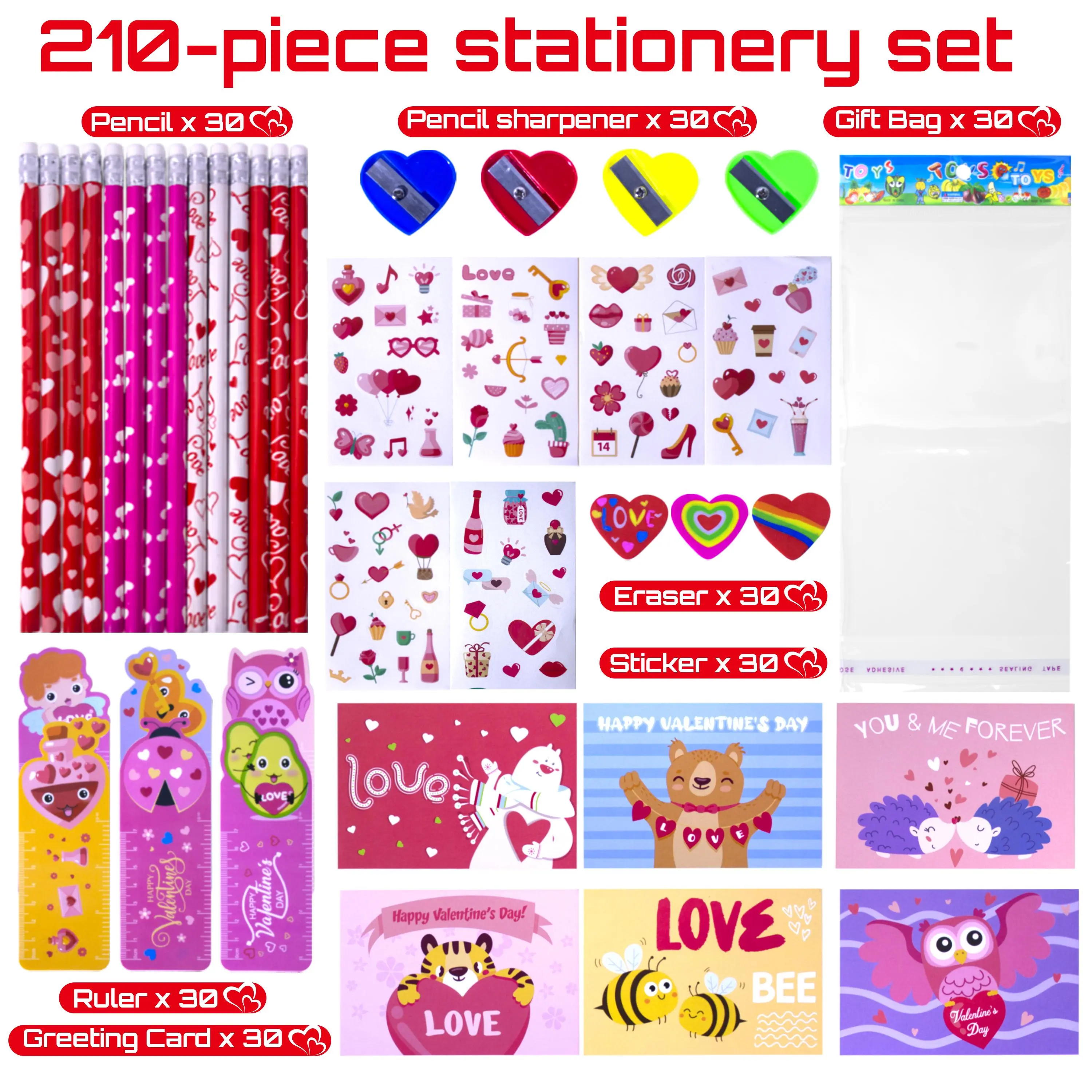 210 Pcs Kids Valentines Day Gifts for School Classroom Exchange Valentines Goodie Bags Stuffers Valentines Day Cards for Kids Party Favors Valentines Stationery Set