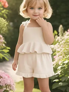 Two-Piece Set Cute Solid Color Cami Romper & Flare Leg Shorts Set, Casual Sleeveless Spaghetti Strap Romper & Shorts, Summer Clothes for Infant Toddler Girls, Baby Clothing, Gift Set, Essentials Set