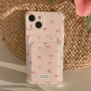 Clear Floral Card Holder Phone Case for iPhone 16 15 Pro Max, 14 Plus, 13, 12, 11 Pro Max Plus- Durable Soft TPU Bumper Cover with Card Slot- Clear Protective Cellphone Casing Protector Flower