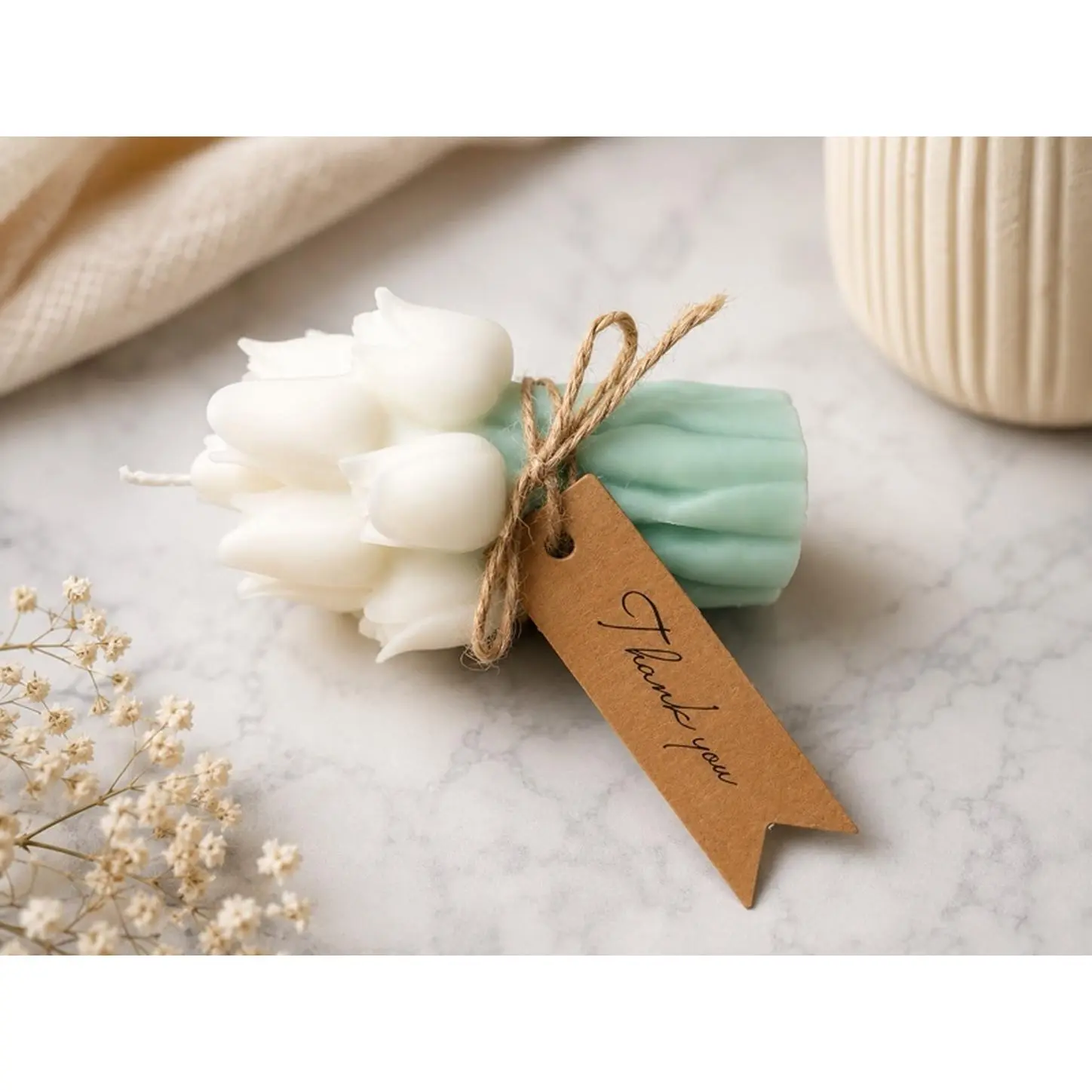 Thank You Gift Set with White and Mint Green Candles Tied with Twine and a Handwritten Tag