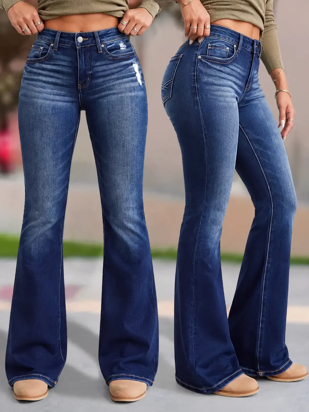Women's High-Waisted Stretch Denim Flare Jeans, Wide Leg Baggy Pants for Women, Womenswear Blue Bottoms