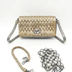 Pre-owned miu miu Champagne Gold Spliced Silver Folded Gemstone Chain Bag 20*6*11cm th260311057