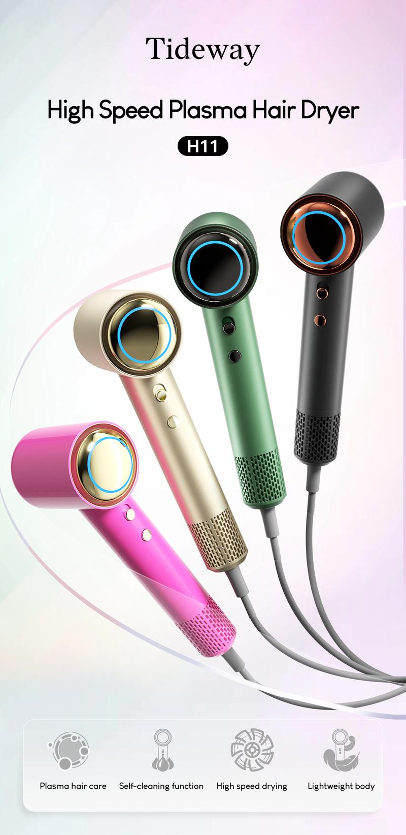 【Tideway Official】Tideway H11 Colorful Series High-Speed Hair Dryer - Plasma Ion Technology, Intelligent Temperature Control, Self Cleaning - Bids Farewell to Static Electricity and Frizz - Black