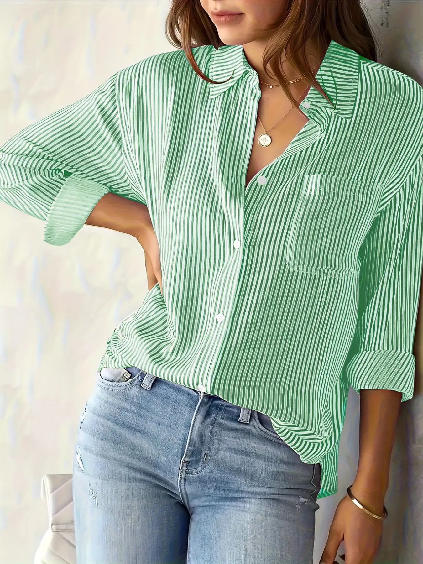 Summer New Plus Size Women's Shirt, Casual Home Wear, Fashion Versatile Striped Print Collar Long Sleeve Top, Blouse Tops, Casual Daily Tops, Comfortable and Stylish, Casual Blouse
