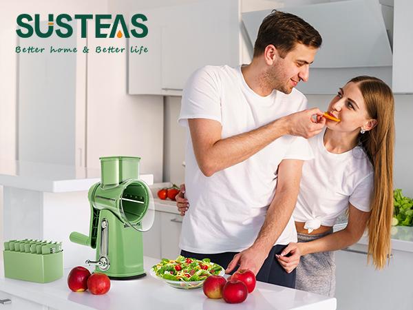 SUSTEAS Rotary Food Grater with Handle, Comes with 5 Well-Designed Blades and Strong Suction Cup Base, Comes with 1 Blade Storage Box Kitchen Vegetable Cutting Slicer Vegetable Cutter Utensils Green