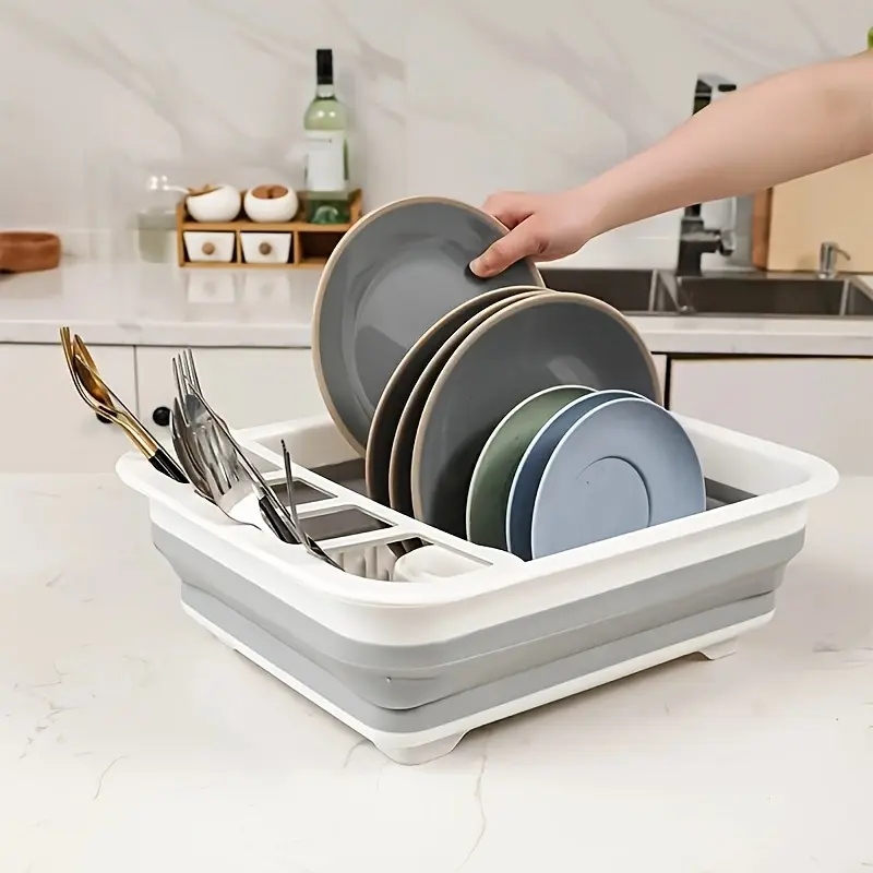Collapsible Bowl & Dish Drying Rack with Utensil Holder Space Saving for Home RV Camping 1 Set Plastic Plate Rack for Travel Trailer