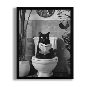 Funny Black Cat Bathroom Wall Art - Black and White Cat on Toilet Reading Newspaper Poster, Humorous Animal Canvas Print for Restroom & Washroom Decor