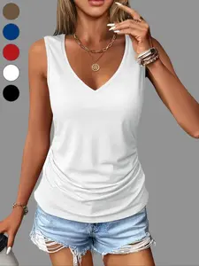 Elegant Women's V-Neck Ruched Sleeveless Solid Vest, Tank Top, Womenswear, Basic, Spring Summer Fashion, Medium Stretch Fabric, Fit, Fitted, Casual Everyday Party Wear, Versatile Style