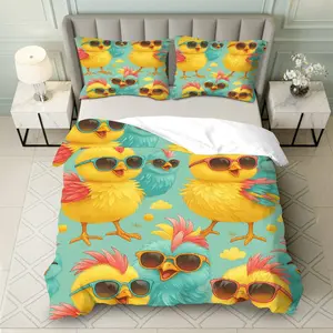 3PCS Duvet Cover Set, 1 Duvet+2 Pillowcases(Without filler), Cute Yellow Blue Sunglasses Chick  theme, Easter bedding set, vibrant colorful playful Suitable for decoration bedroom living room guest room dormitory.