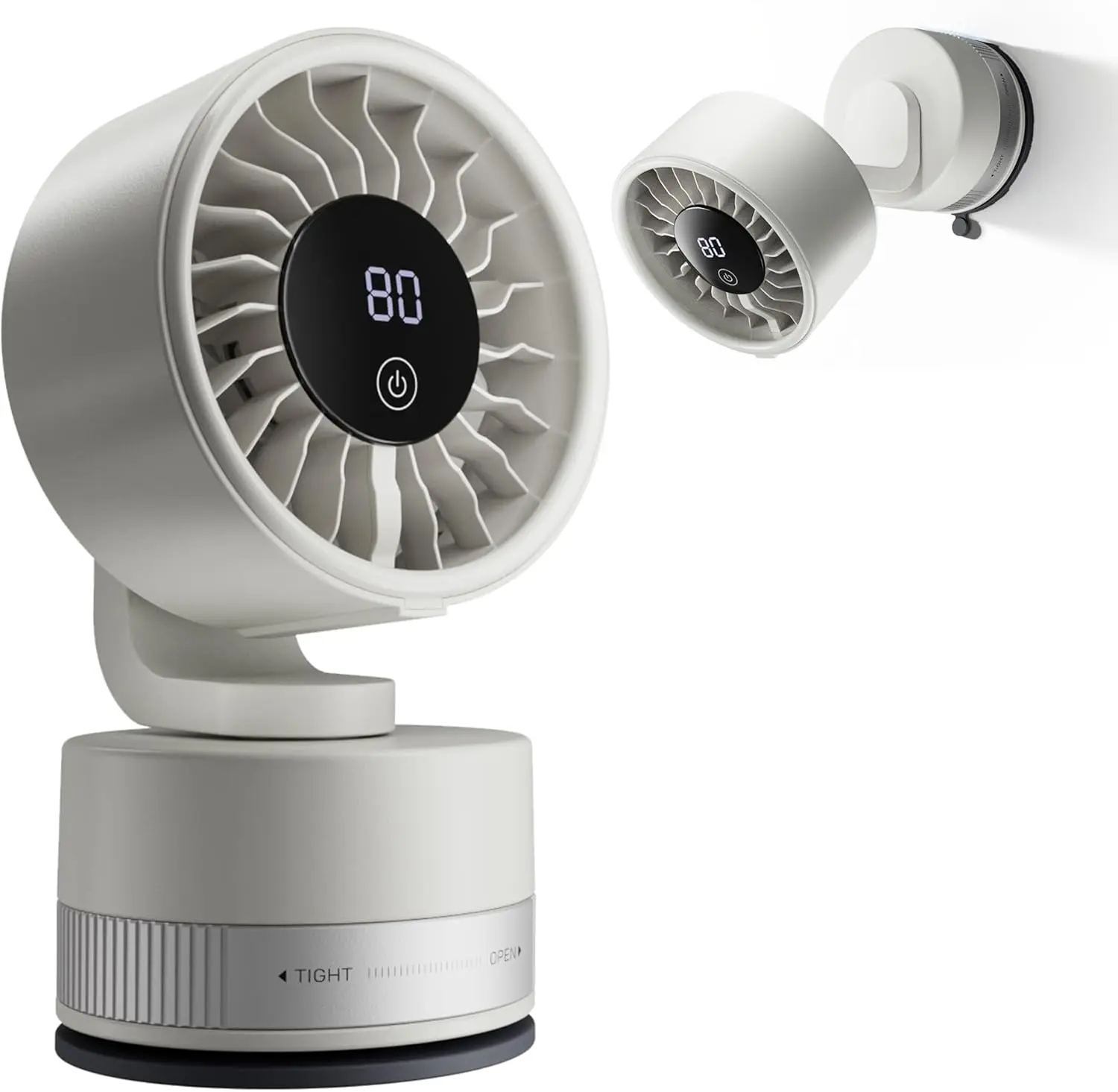 Desk Fan for Bedroom, USB Rechargeable Wall Mount Fan with Suction Cup Base, Digital Display, 6 Speeds, Quiet Oscillating Small Fan, Adjustable Tilt for Office RV Kitchen Bathroom (White)