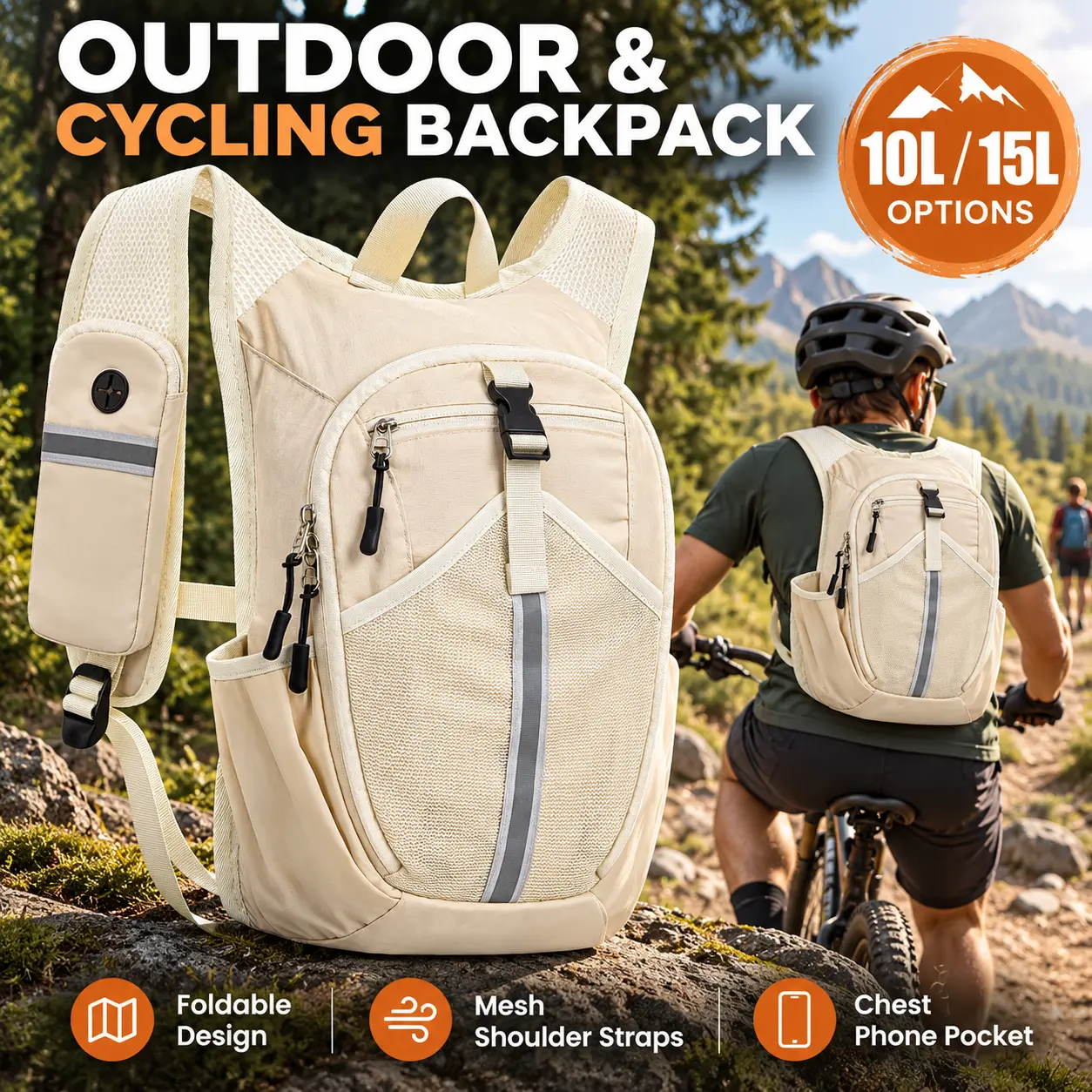 10L/15L Lightweight Foldable Bicycle Backpack Cycling Backpack for Men and Women, Packable Hiking Daypack with Shoulder Strap Phone Pocket, Adjustable Chest Strap, Reflective Strip and Bottle Pockets for Biking, Hiking, Running and Travel