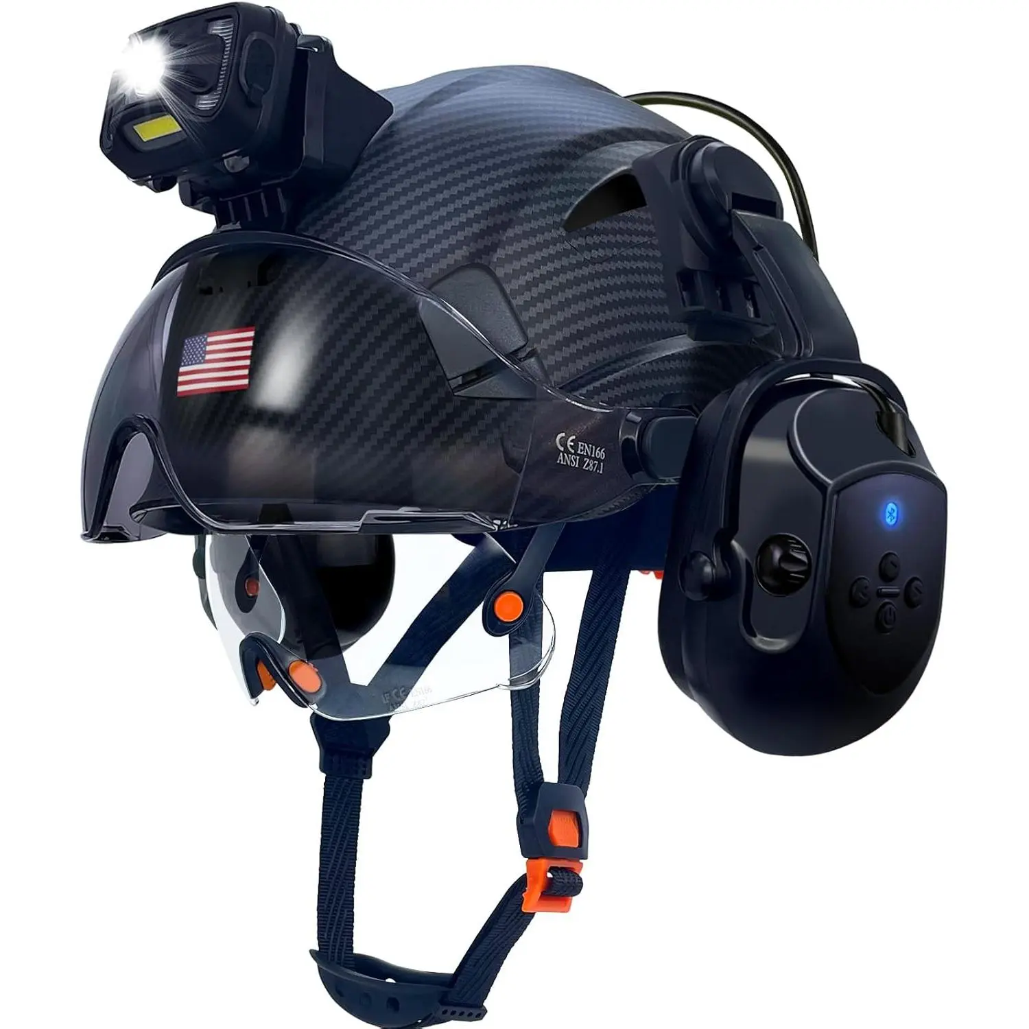 Vented ABS Hard Hat with Bluetooth Earmuffs, Integrated LED Headlamp & Dual Visor, 6-Point Adjustable Suspension for Construction & Forestry