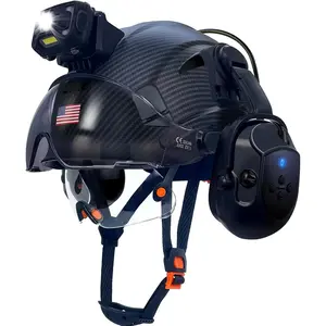 Vented Hard Cap with Bluetooth Earmuffs, LED Headlamp, Dual Visor, 6-Point Adjustable Fit for Construction, Forestry, Outdoor Work