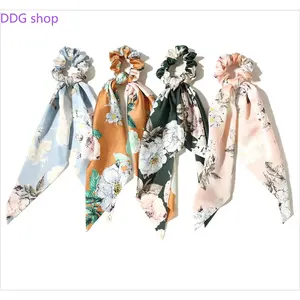 Large Peony-Print Triangle Scarf Scrunchie — Elastic Hair Tie with Flowing Ribbons for Ponytails (Hair Accessory)