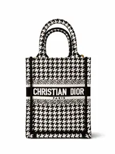 Pre-owned Dior Canvas Tote Bags Houndstooth Tote Bag Mini Black White