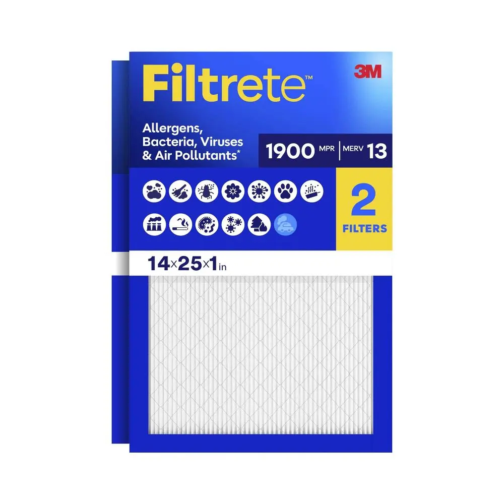 Filtrete 14"x25"x1" 2pk Allergens Bacteria Viruses & Air Pollutants MPR 1900 MERV 13 Electrostatic Pleated HVAC Furnace Air Filter