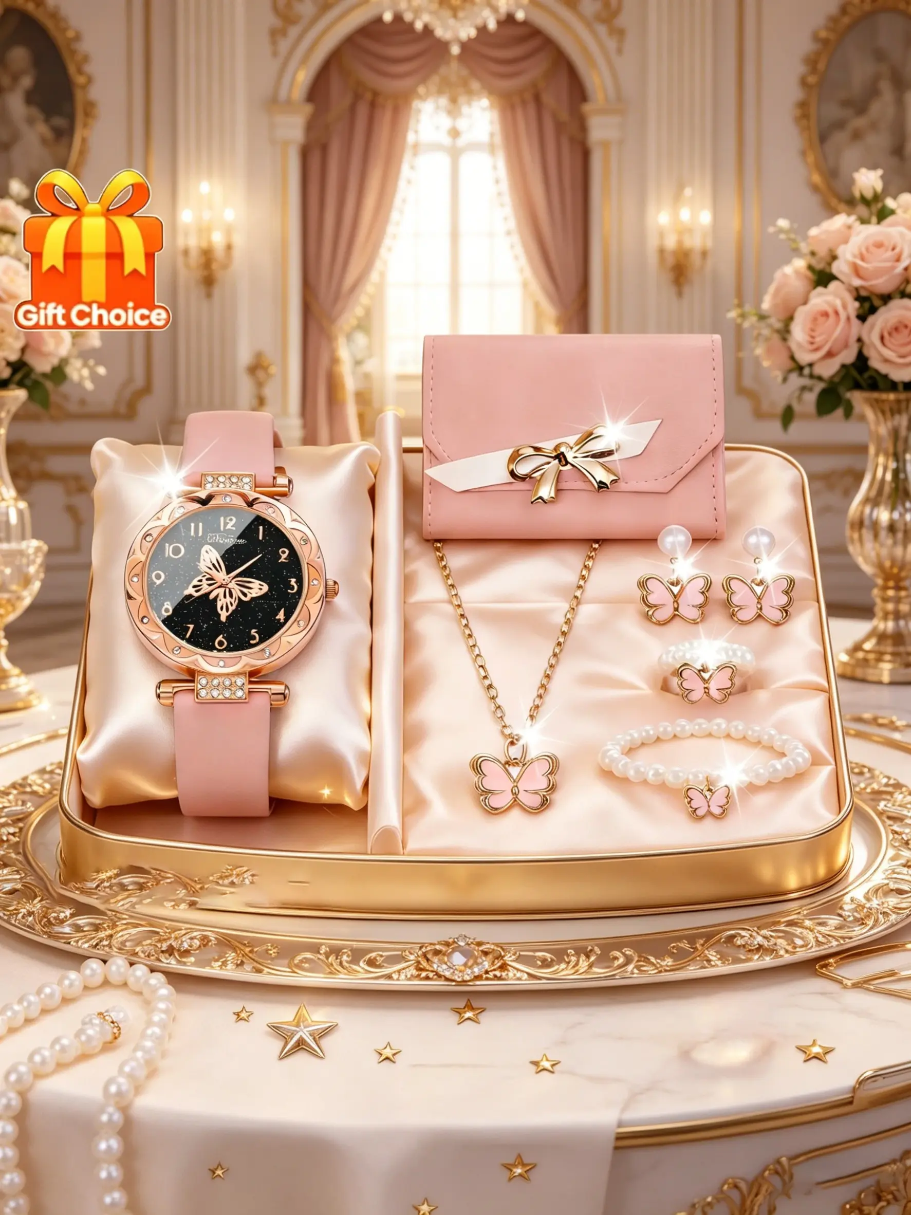 Women's Elegant Watch Set, Accessory Set, Classic Round Quartz Watch, Wallet, Butterfly Necklace, Earrings, Pearl Bracelet, Ring, Perfect Gift, Elegant Fashion Jewellery Gift Set