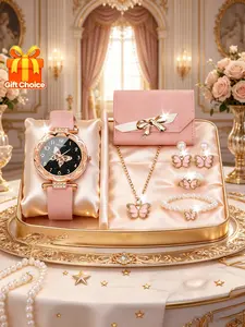 Women's Elegant Watch Set, Classic Round Quartz Watch, Wallet, Butterfly Necklace, Earrings, Pearl Bracelet, Ring, Perfect Gift, Elegant Jewelry Set