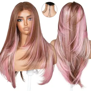 BrownBomb Calico Neapolitan Drawstring Style Wig Summer Ready Airy Glueless Pre Cut Lace Pre Plucked 26 Inch Face Framing Bangs T Lace Perfect Middle Part Heat Resistant Fiber Realistic Wig for Daily Wear Parties Dating, Outdoor Summer Events Vacations su