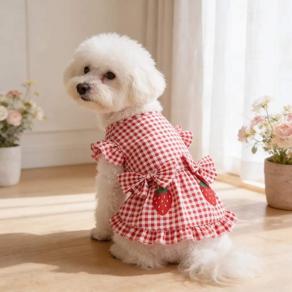 Pet Dog Red-White Checkered Strawberry-Printed Dress, Costume, Spring-Summer Thin Pet Clothing, Suitable For Small/Medium-Sized Dogs And Cats, Ideal For Daily Activity Dressing, Puppy Clothes