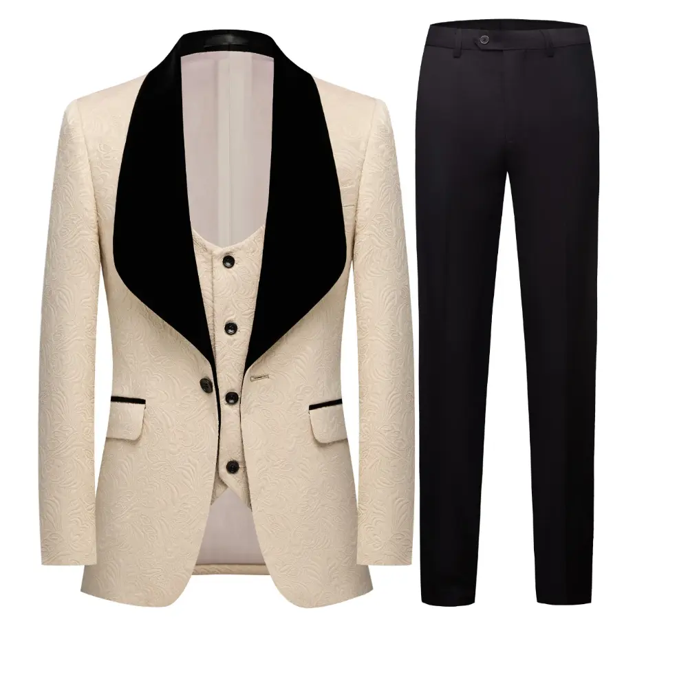 Men's 3-Piece Polyester Suit Set with Bow Tie - Long Sleeve Floral Print Menswear Blazer, Vest & Pants, Comfy, Wrinkle-Free for Weddings, Rayon, Wrinkle-Free Fabric, Free Bow Tie