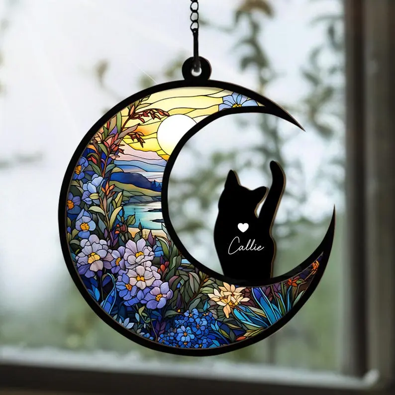 Personalized Cat Memorial Suncatcher Hanging Decor, Custom Loss of Pet Sympathy Gift, Gift for Cat Lovers, Cat Memorial Gift Ornaments
