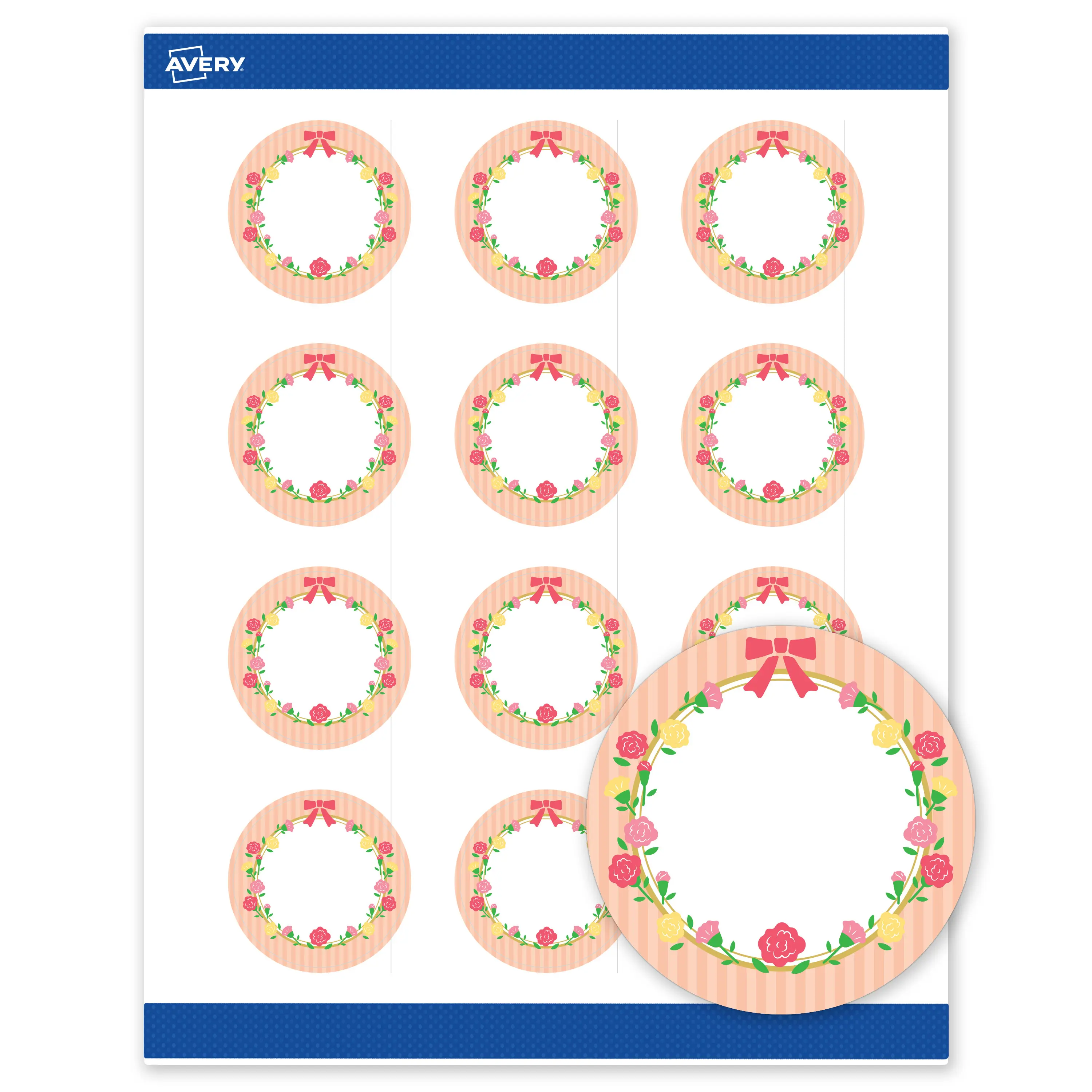 Avery® Printable Round Labels, 2" Diameter, Matte White, Sure Feed® Technology, Pre-printed Gold Frame, Ribbon, Roses & Stripes Design Great for Weddings, Laser & Inkjet Compatible, 240 Total