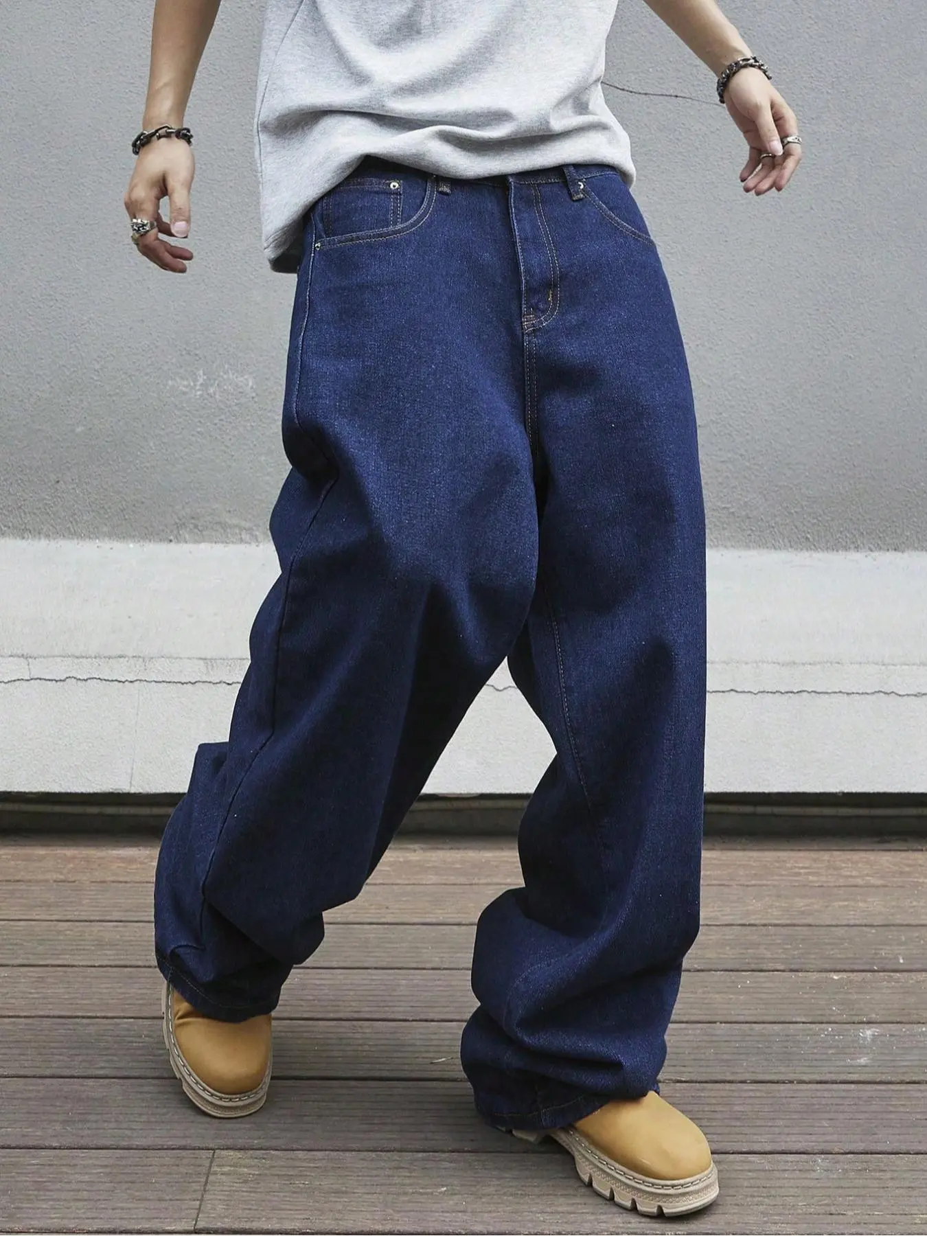 Men's Street Style Loose Denim Cuffed Barrel Fashion Casual Jeans, Casual Comfy Wide Leg Trousers for Daily Wear, Woven Bottoms for All Seasons