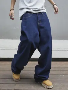 Men's Street Style Loose Denim Cuffed Barrel Jeans, Casual Comfy Wide Leg Trousers for Daily Wear, Woven Bottoms for All Seasons