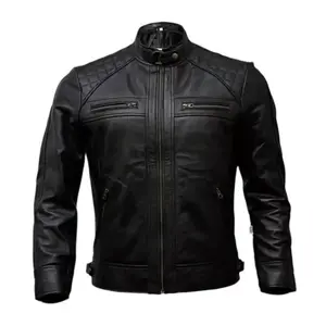 Men's Classic Cafe Racer Style Leather Jacket with Metal Zips & Shoulder Embellishments, Soft Sheepskin, Black, Casual Short Length TN6BK Biker Menswear Coats