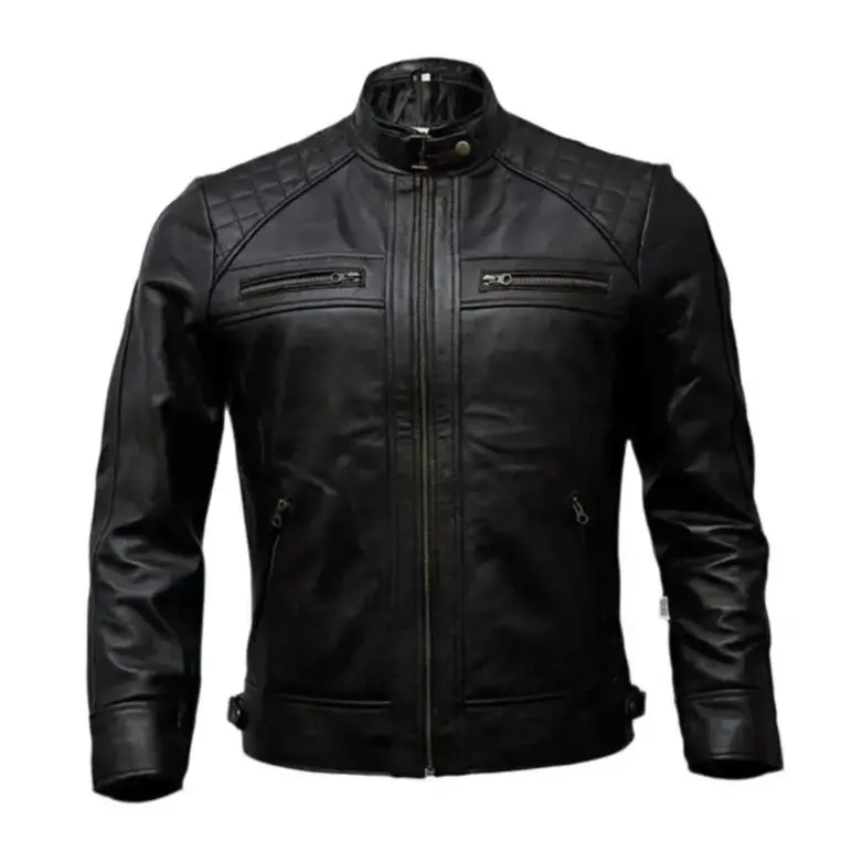 Men's Classic Cafe Racer Style Leather Jacket with Metal Zips & Shoulder Embellishments, Soft Sheepskin, Black, Casual Short Length TN6BK Biker Menswear Coats