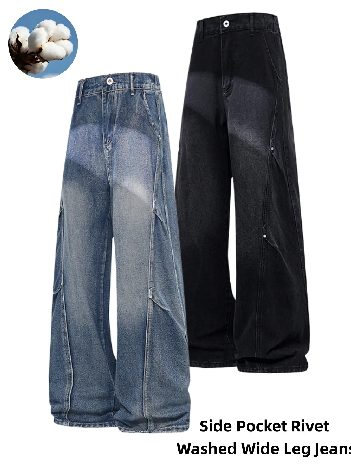 Men's Side Pocket Rivet Washed Wide Leg Jeans, Vintage Gradient Faded Spliced Baggy Denim Pants, Rivet Decor Multi Panel Streetwear Trousers, Elastic Back Waist Oversized Casual Denim Bottoms For Skater Hip Hop Urban Trendy Outfits