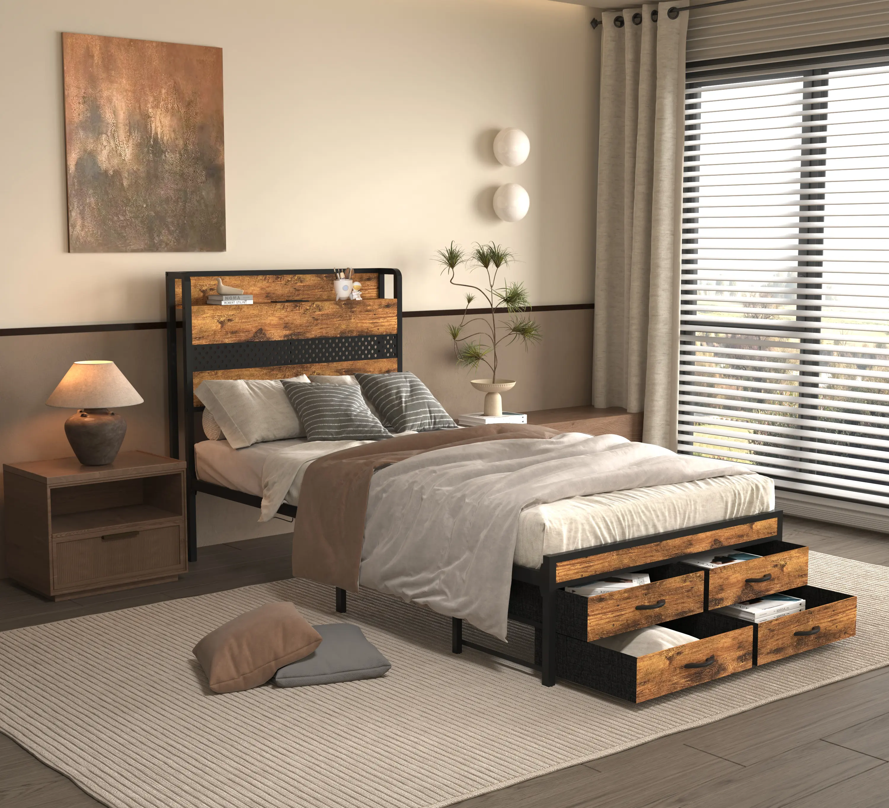 Twin Size Black Metal Modern Platform Bed Frame with Convenient Storage Headboard, Built-in Storage Drawers, Brown/Black Options, LED Bed Frame
