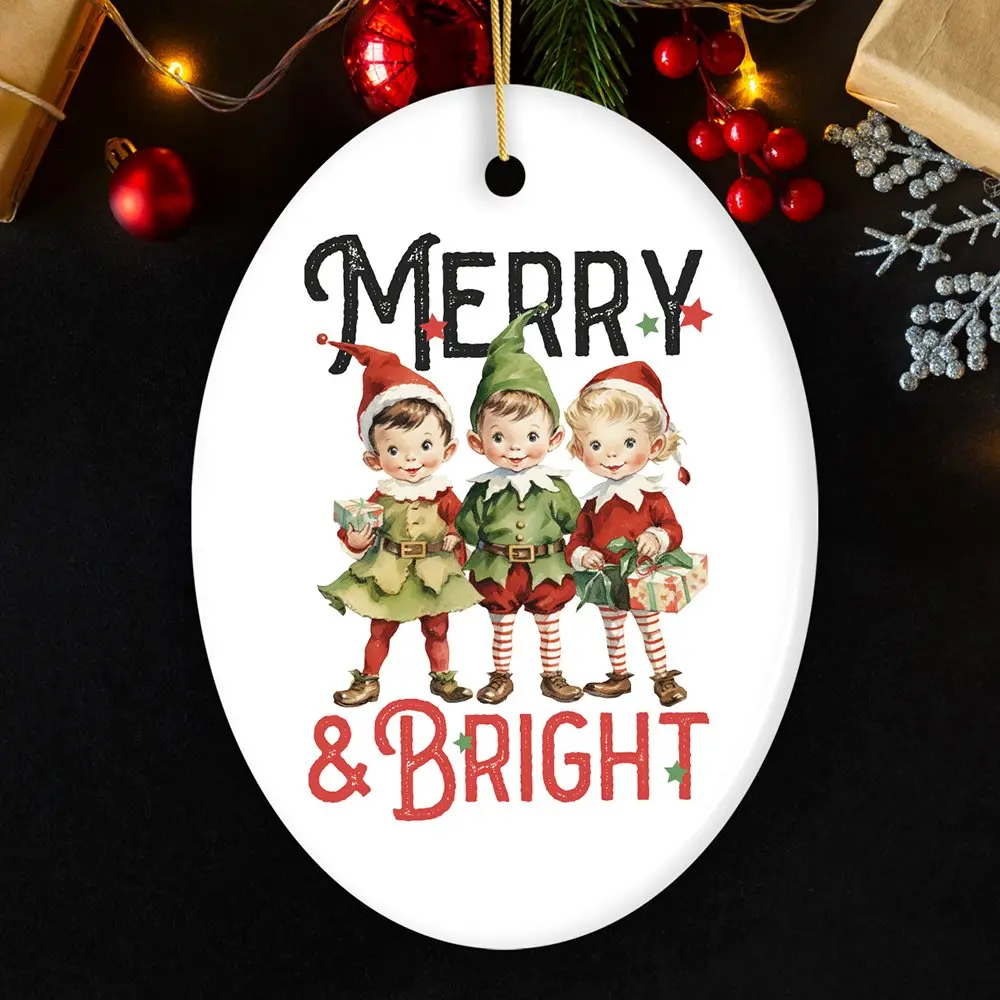 Vintage Elves Merry & Bright Christmas Ornament, Retro Ceramic Tree Decoration