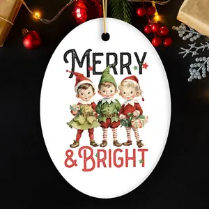 Vintage Elves Merry & Bright Christmas Ornament, Retro Ceramic Tree Decoration
