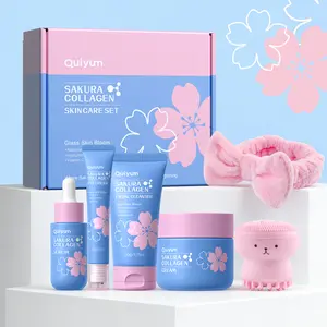 QUIYUM Sakura Collagen 4 in 1 Skincare Set, Cleanser Serum Eye Cream Cream, Long-Lasting Hydration Non-Greasy Daily Care
