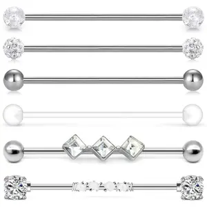 14g Industrial Barbell Surgical Steel Cartilage Earrings CZ Industrial Earring Crystal Ferido Industrail Piercing 1 1/2"(38mm) Bar Length