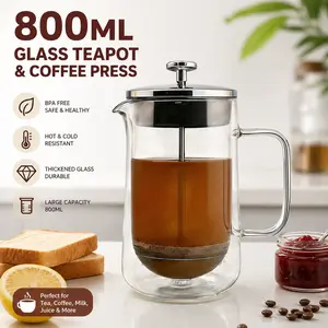 Aesthetic Double-Walled Glass French Press, 27oz Insulated Clear Coffee Maker, Home Cafe Essentials, Modern Heat-Resistant Brewer