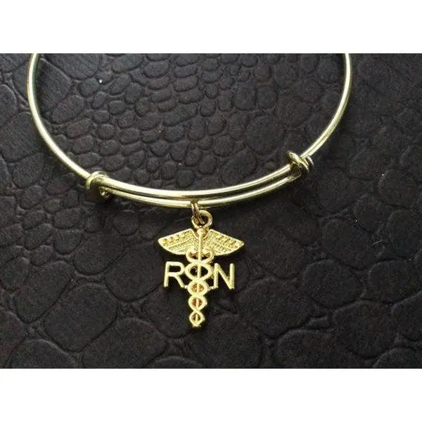 RN Caduceus Charm Bracelet Gold Bangle Expandable Wire Gift Medical Nurse Handmade in USA Trendy