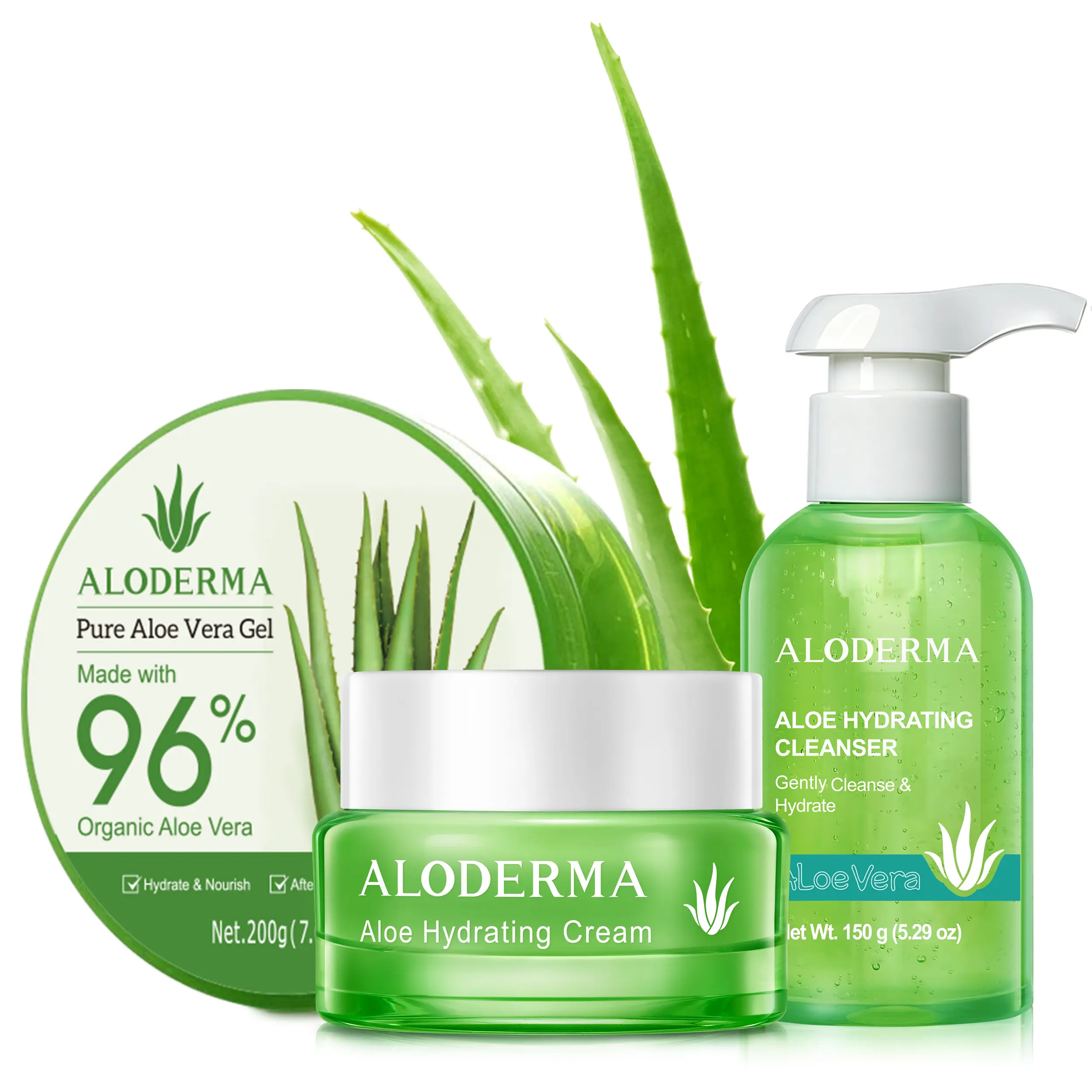 Aloderma Basic Aloe Hydrating Set - 3 Pieces - Cleanser, Cream, 200g Aloe Vera Gel