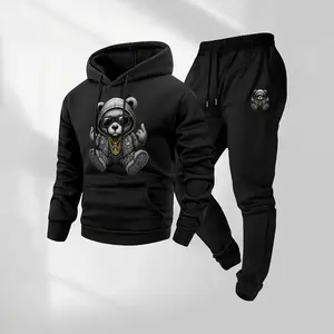Men's Hip Hop Cartoon Bear Patterned Hoodie And Drawstring Track Pants Set, Men's Casual Athletic Long-Sleeved Hooded Jacket And Pants, Suitable For Fall And Winter, Street Style Hoodie Set, Indoor And Outdoor Sportswear,