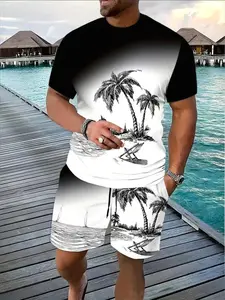 Men's Casual Set with Short Sleeve and Shorts, Gradient Color Tropical Coconut Tree Pattern, Fitted Summer for Travel