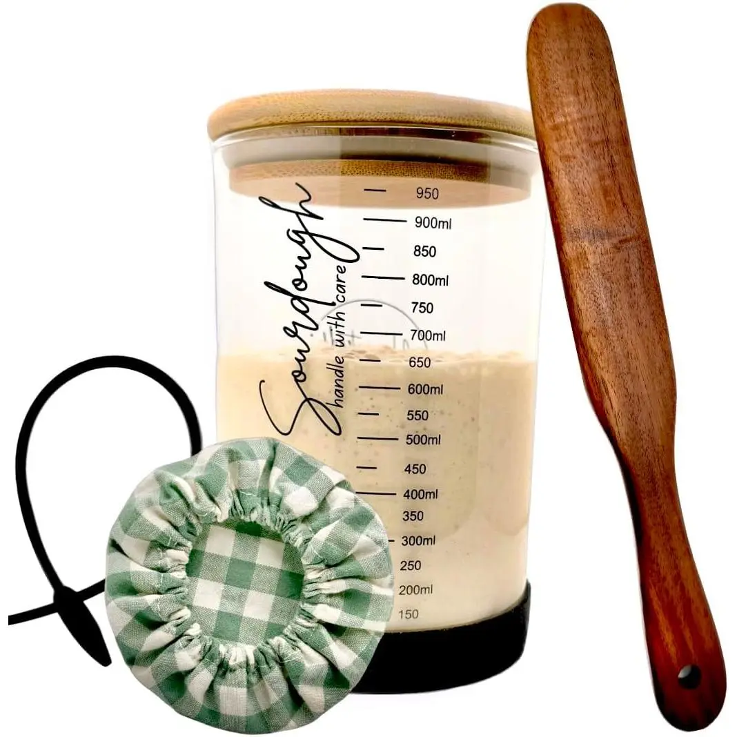 Sourdough Starter Kit - Sourdough Kit Includes Wooden Spurtle, Glass Jar w/ Bamboo Lid, Cloth  More - Non-Slip Silicone Base Sourdough Bread Baking Supplies - Bread Making Kit for Beginners  Pros