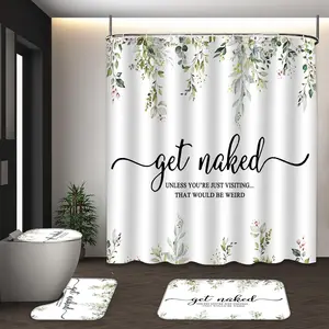 LVRLVR 4Pcs Watercolor Eucalyptus Leaf with Funny Quote Print Fresh Botanical Multi-Color Shower Curtain Set 70.8×70.8 Inch
