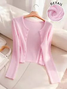 Women's Pink Ribbed Knit Cardigan, Long Sleeve Button Down Top, Feminine, Casual Slim Fit Sweater for Daily Wear, Knitwear