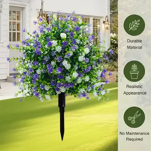 1pc 21.6" UV-Resistant Artificial Violet Flowers with Stakes, Realistic Faux Outdoor Plants for Garden & Patio Decor, Fake Eucalyptus Shrub for Home Wedding