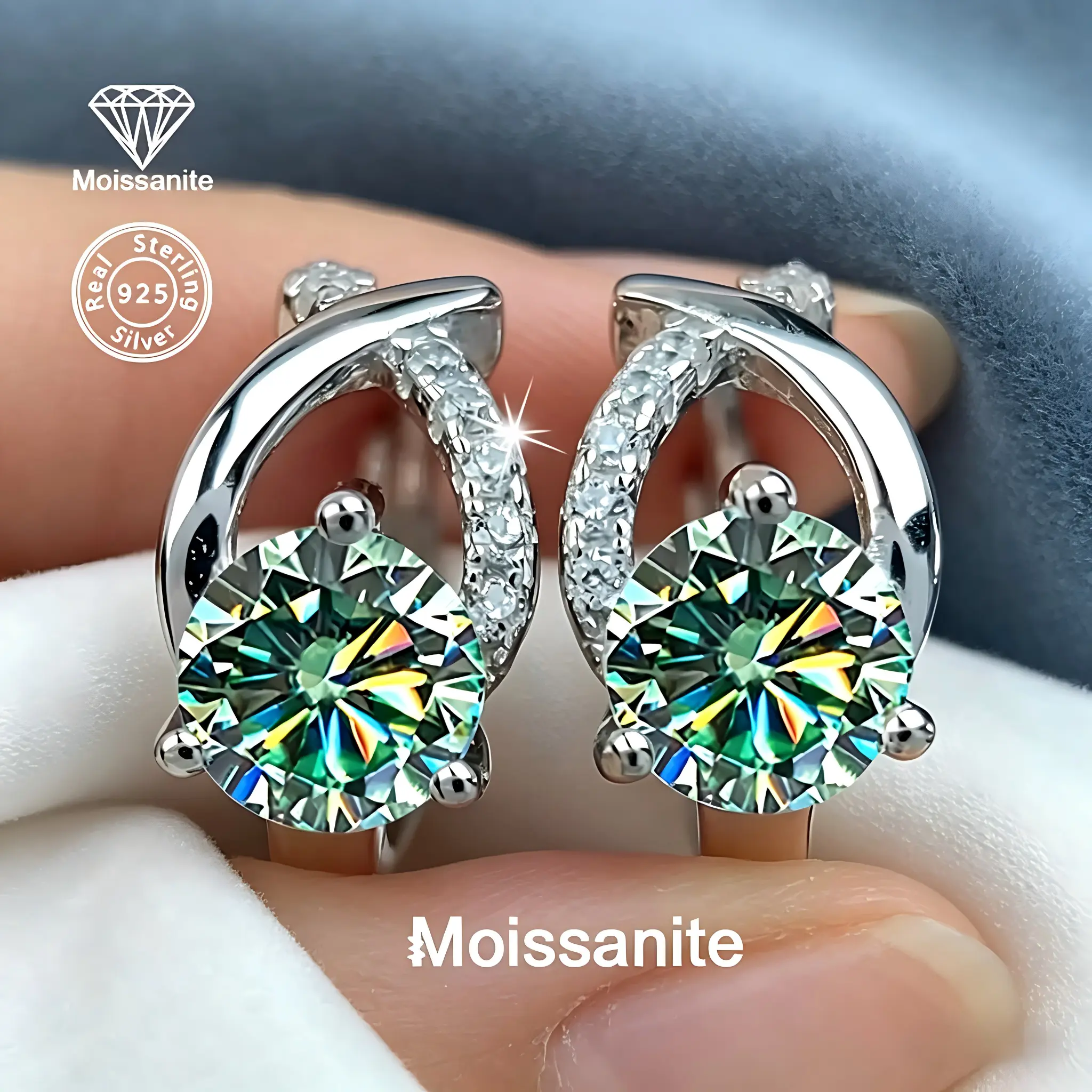 925 Sterling Silver Green Moissanite Earrings, 1 Carat Round Cut Green Moissanite Huggie Hoop Earrings, Sparkling Halo Design Earrings, Ideal Gift for Her, Wife, Girlfriend